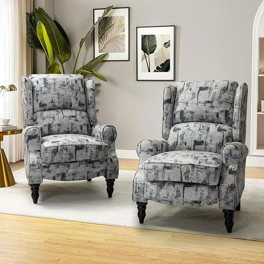 HULALA HOME Upholstered Wingback Recliner Chair Set of 2, Small Adjustable Footrest Push Back Single Reclining Sofa, Mid Century Modern Lounge Armchair for Living Room, Bedroom, Reading/Grey