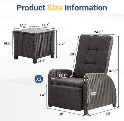 Green4ever 3-Peices Outdoor Patio Recliner with Independently Adjustable Backrest, All-Weather Wicker Patio Chair with Side Table, 160° Lay Flat Patio Reclining Lounge Chair for Backyard Garden, Grey