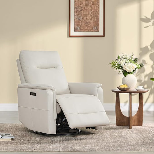 Watson & Whitely Power Recliner Chairs for Adults, Swivel Rocker Recliner W Power Headrest & Type-C Charger for Living Room, Faux Leather, Cream, RC015