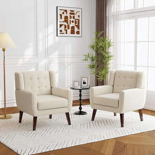 Accent Chairs Set of 2, Modern Fabric Armchairs for Living Room, Comfy Upholstered Arm Chairs Tufted for Indoor Bedroom Office Room (White)