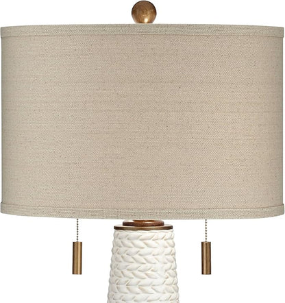 Possini Euro Design Kingston Mid-Century Modern Table Lamp with USB Charging Port 32.75" Tall White Ceramic Taupe Fabric Drum Shade for Living Room Bedroom House Bedside Nightstand Home Office