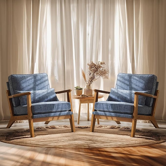 VINGLI Solid Wood Wide Armrests Accent Chair Set of 2,Upholstered Mid Century Modern Chair with Pillow,Comfy Reading Chair Farmhouse,Chairs Living Room,Bedroom,Guest Room,Chenille Fabric,Dark Blue