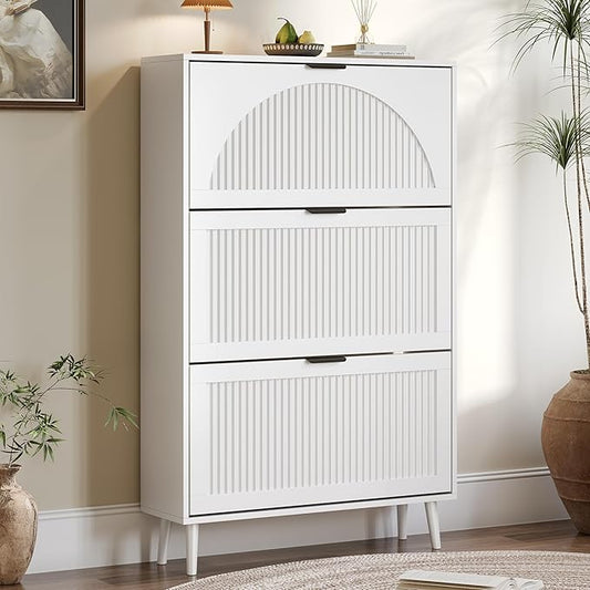 Shoe Cabinet for Entryway with 3 Flip Drawers, Slim Wooden Shoe Storage Organizer with Modern Fluted Pannel，Freestanding Narrow Hidden Shoe Rack for Hallway, Foyer, Living Room