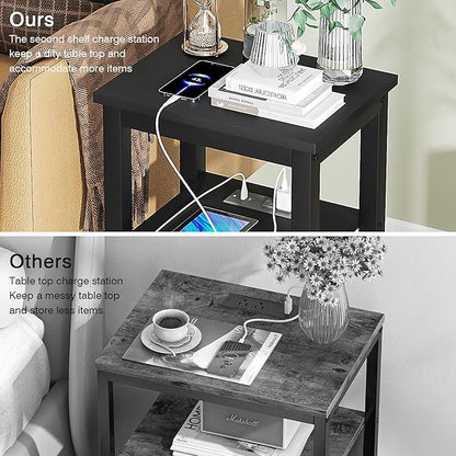 VECELO Modern Nightstands with Charging Station,Side End Table Night Stand with Storage Shelf for Small Spaces, Bedroom,Living Room