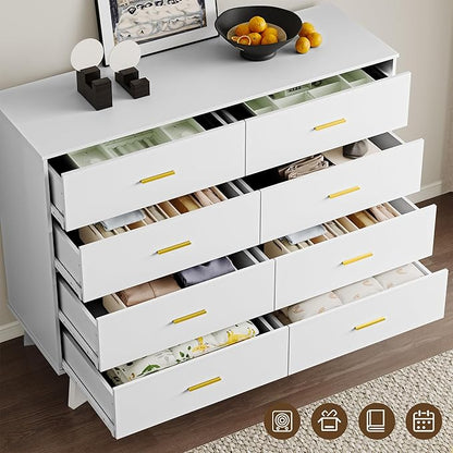 Dresser for Bedroom with 8-Drawer, 37" Tall Modern Chest of Drawers with Metal Handles, X-Shape Base & Adjustable Center Leg, Anti-Tip Closet Organizers and Storage