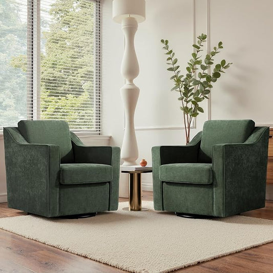 UIXE Swivel Accent Chairs Set of 2, Chenille Upholstered Arm Chair for Living Room, Modern Club Armchair Comfy Single Sofa Bedroom Reading Seat with Lumbar Pillow - Green