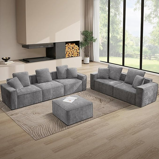 WILLOVE Modular Sectional Sofa Set, Chenille Cloud Couch with Wide Armrests & 8 Pillows, Deep Seat Couches for Living Room, 6-Seater Grey