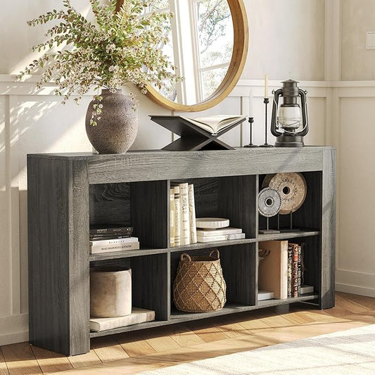 LITTLE TREE Console Table with Storage, 63-Inch Narrow Long Sofa Table, Entryway Table with 6 Cubes, Farmhouse Storage Shelves for Entryway, Living Room