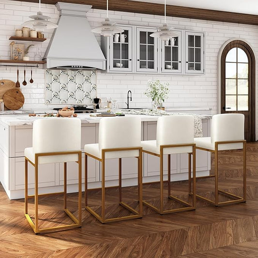 ALPHA HOME 24 Inch Bar Stools Set of 4, Kitchen Counter Stools with Backs, PU Leather Barstools, White Bar Stools with Upholstered Footrest, Sturdy Chromed Metal Steel Frame, White