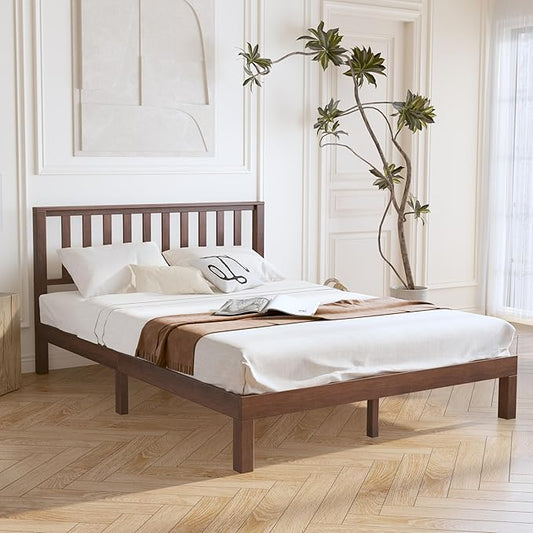 DELAVIN Solid Wood Queen Size Bed Frame with Headboard, Malaysian Oak Platform Bed Frame, Mid Century Modern Bedframe, No Box Spring Needed, Easy Assembly, Queen, Antique Espresso