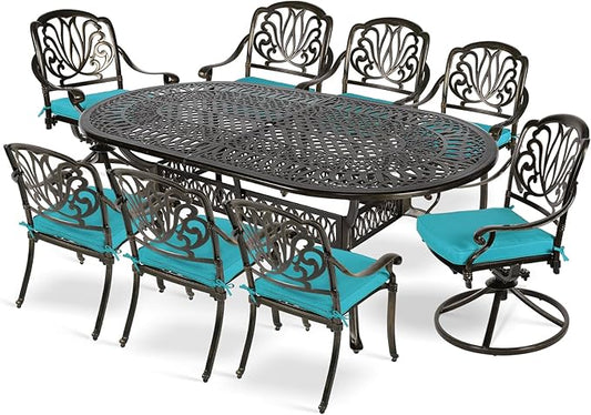 MEETWARM 9-Piece Outdoor Patio Dining Set, All-Weather Cast Aluminum Patio Conversation Set with 2 Swivel Rocker Chairs, 6 Stationary, 1 Oval Table, 8 Cushions, 2" Umbrella Hole, Ocean Blue