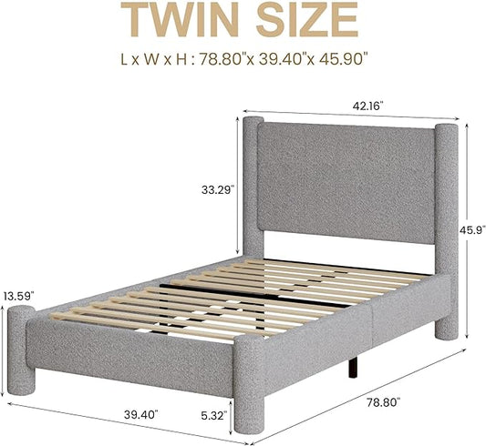 Twin Size Bed Frame, Boucle Upholstered Platform Bed with Headboard and Footboard, Soft Rounded Corners, No Box Spring Required, Easy Assembly, Light Grey