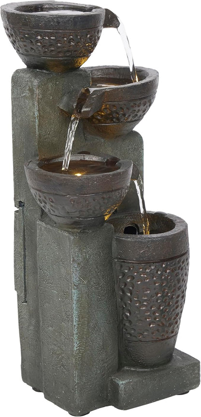 Alpine Corporation TZL412 14" Stoned Jar Cascading Water Fountain with LED Lights – Elegant Tabletop Water Feature for Home, Office, Living Room, Bedroom, and Desk Décor, Gray