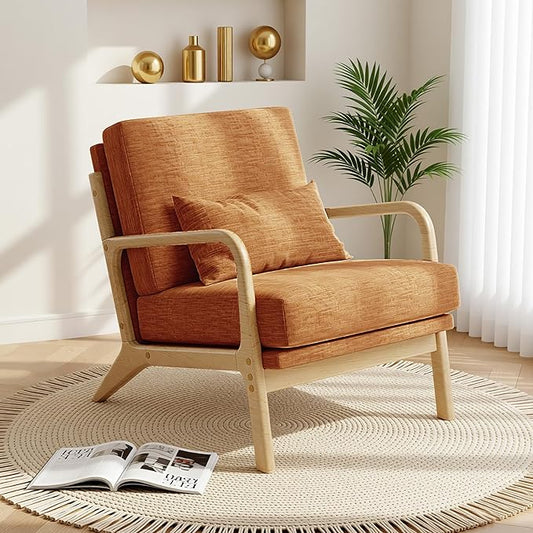 Claiks Mid-Century Modern Accent Chair, Living Room Armchair with Solid Wood Frame & Lumbar Pillow, Comfy Upholstered Lounge Chair for Bedroom, Office, Linen-Like Fabric, Orange