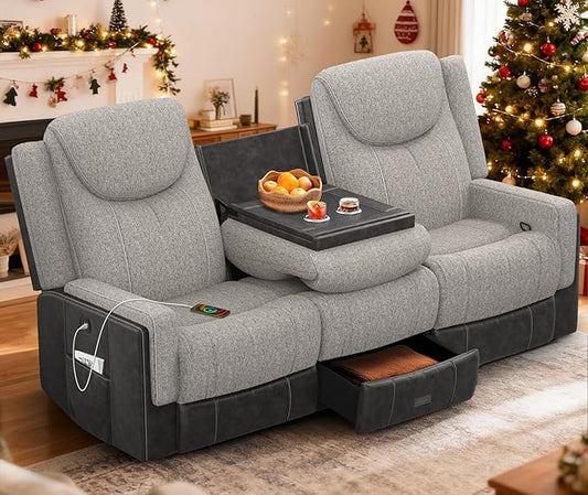 Manual Reclining Sofa, Flip Middle Backrest 2-in-1 Couch with Large Storage Drawer, USB Ports & Cup Holders, Grey Linen & Chocolate Leather Living Room Loveseat Recliner Sofa, Grey