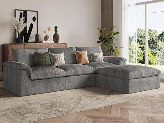 EASE MOOSE Oversized Sectional Cloud Couch for Living Room, L-Shaped Modular Boneless Sofa, Cloud Sofa Set with Fluffy Foam, 4-Seat Deep Comfy Sofa with Ottoman for Bedroom Apartment, Chenille (Grey)
