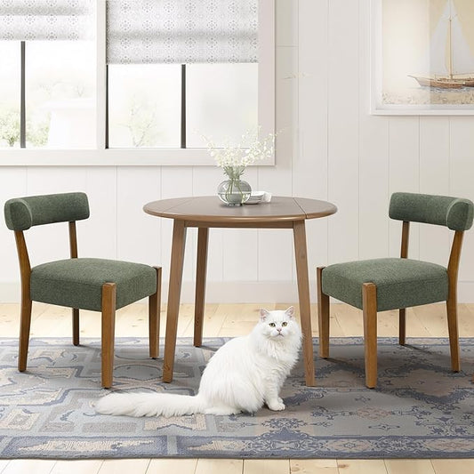 Modern Green Dining Chairs Set of 2, Walnut Upholstered Kitchen & Dining Room Chairs, Mid Century Modern Wooden Dining Chairs Oversized Sturdy Fabric Rounded Chairs Curved Back