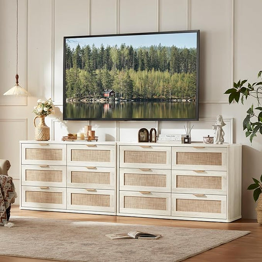 LEYAOYAO Rattan 6 Drawer Dresser for Bedroom, Boho 48" Wide White Dresser Chest of Drawers, Dressers TV Stand with Metal Handle, Storage Dressers Closet Organizer for Living Room, Hallway