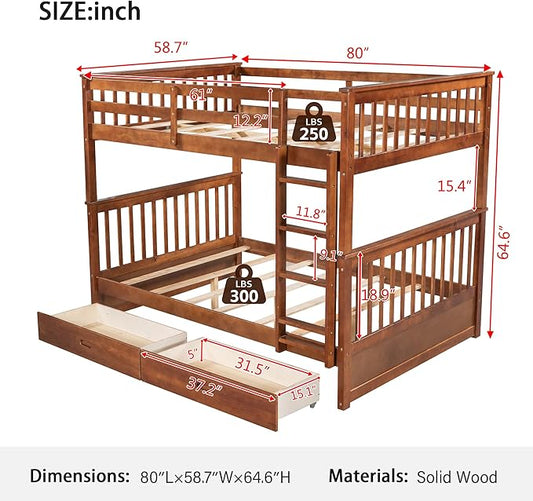 Merax Full Over Full Size Wood Bunk Bed with Drawers,Convertible Bunk Bed with Ladders and Two Storage Drawers,Solid Wood Detachable Bed Frame with Ladders, Walnut