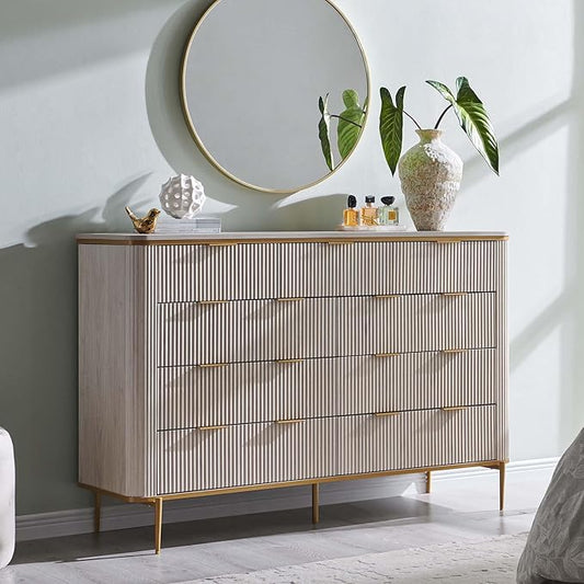 T4TREAM Fluted 9 Drawers Dresser, Modern Wooden Top Chest of Drawers with Curved Profile Design, Dresser TV Stand Drawer Organizers for Bedroom, Living Room, Hallway(White Alder)