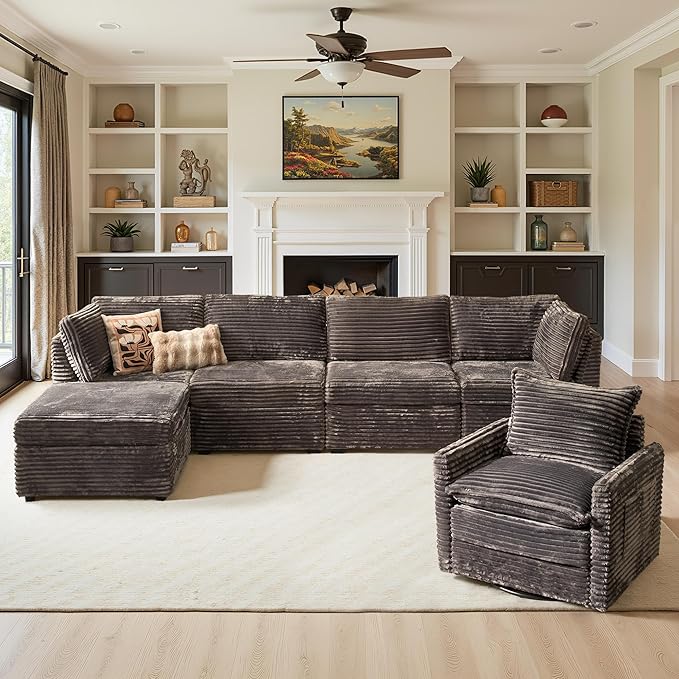 130" Modular Sofa with Swivel Chair & Ottoman, Modern Cloud Sectional Couch Plush Corduroy 5 Seater Deep Seat Sofas Set & Accent Armchair for Living Room, Gray