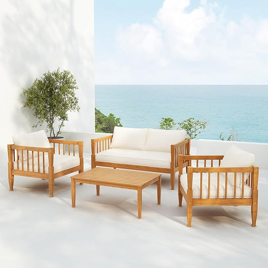 Scott Living Darla 4 Seater Conversation Set, Acacia Wood Loveseat and Club Chairs, Sofa Set with Cushion, Retangular Slats Coffee Table, 4 Piece Outdoor Rustic Acacia Wood Seating Set, Teak+Beige