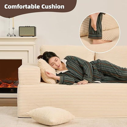 138" Modular Sofa Memory Foam Sectional Couches for Living Room, Sleeper Sofa Bed, Corduroy, White