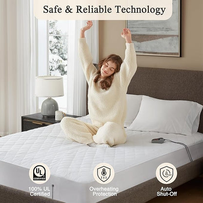 Beautyrest Cotton Heated Mattress Pad - Bed Warmer with 20 Heat Settings Controller, Auto Shut Off Timer, All Around Elastic Deep Pocket, UL Certified, Machine Washable, White Cal King