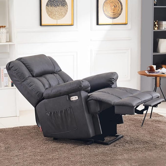 MCombo Power Lift Recliner Chair Sofa with Massage and Heat, Adjustable Headrest, 3 Positions, USB Ports, for Elderly People, 7533 (Faux Leather, Dark Gray)