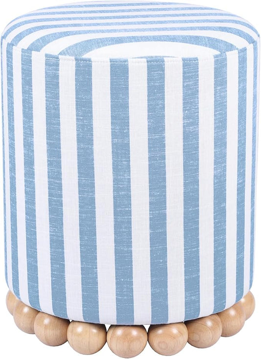 First of a Kind Ottoman Foot Rest - Pastel Blue Round Ottoman Stool with Solid Wood Spherical Orbs - 15.7" W x 15.7" D x 18.3" H - Handmade, Easy Clean, 330 lbs Weight Capacity