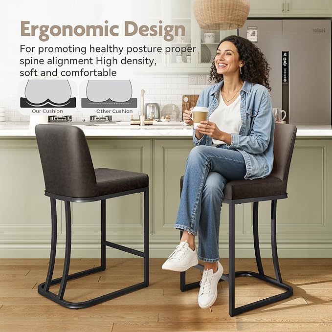 MAISON ARTS Counter Height Bar Stools with Back Set of 4 for Kitchen Counter, 24 Inch Modern Upholstered Faux Leather Barstools Farmhouse Bar Chairs Luxury Island Stools Support 330LBS, Grey