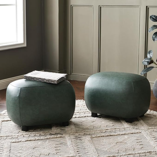 KINWELL 23" Wide Faux Leather Upholstered Ottoman Set of 2, Mid-Century Modern Living Room Footrest with Soft Padded Seat, Footstool for Bedroom, Entryway or Living Room, Green