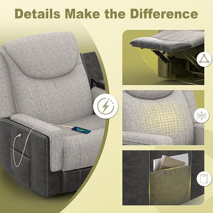 Manual Reclining Sofa, Flip Middle Backrest 2-in-1 Couch with Large Storage Drawer, USB Ports & Cup Holders, Grey Linen & Chocolate Leather Living Room Loveseat Recliner Sofa, Grey