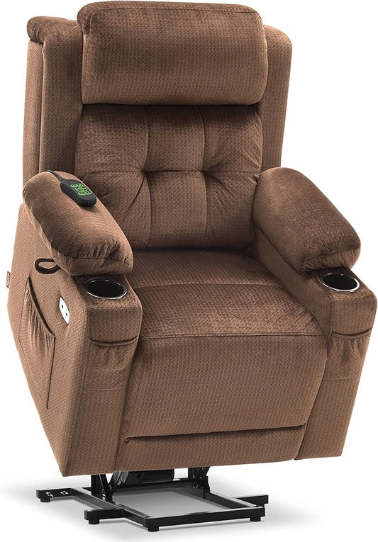 MCombo Small Triple Motor Power Lift Recliner Chair with Massage and Heat for Petite Elderly People, Adjustable Headrest, Infinite Position, USB Ports, Fabric 7664 (Brown, Small)