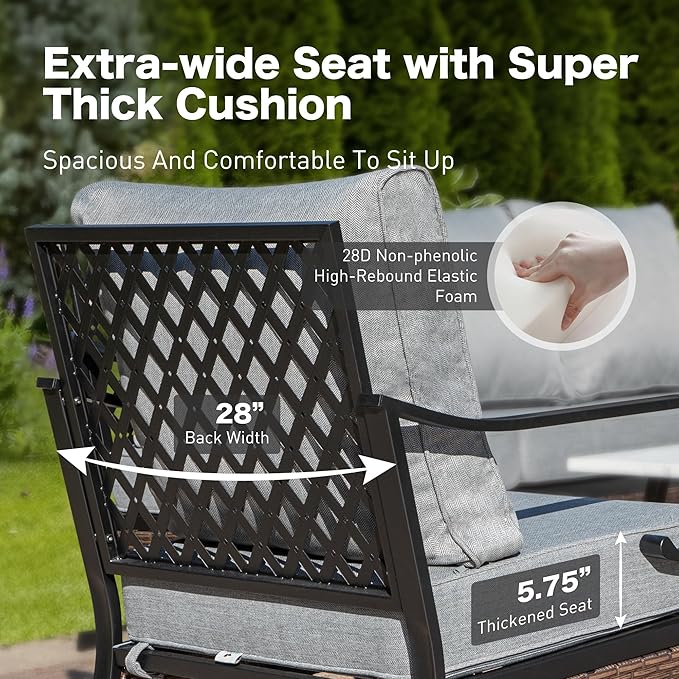 6 Piece Metal Outdoor Patio Furniture Set, Patio Conversation Set - 1 3-Seater Sofa and 2 Swivel Sofas with 5.75" Thick Cushions & Coffee Table - Black and Gray Backyard Furniture