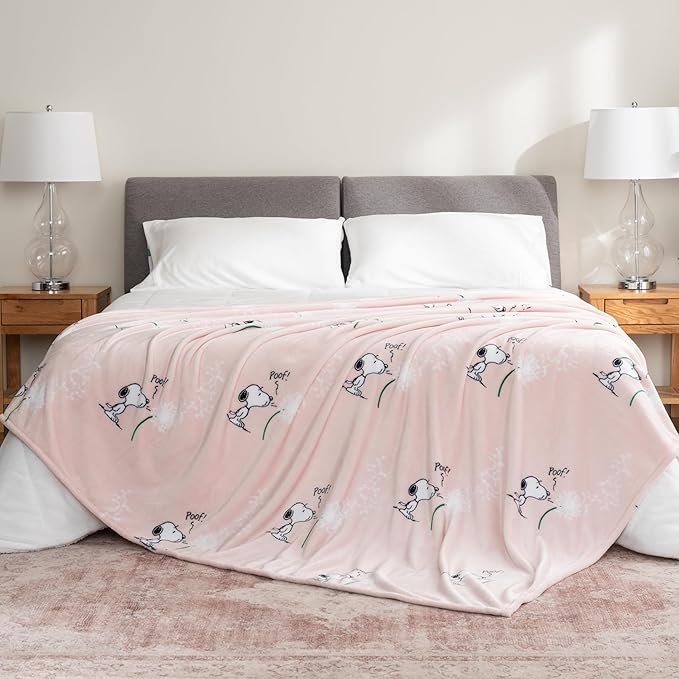 Berkshire Blanket Peanuts® VelvetLoft® Cute Character Snoopy Plush Blanket,Make A Wish Spring Pink,King 90 in x 108 in (Official Peanuts® Product)