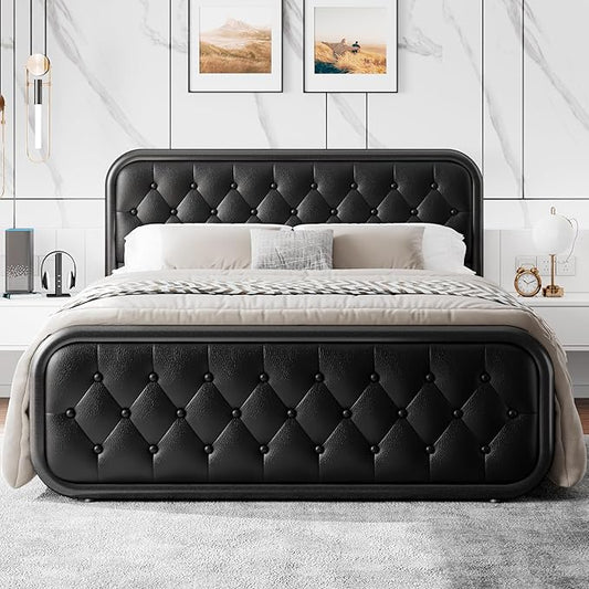 Einhomn® Queen Size Metal Bed Frame with Button Tufted Leather Upholstered Headboard and Footboard, U-Shape Support Foundation, No Box Spring Required, Black