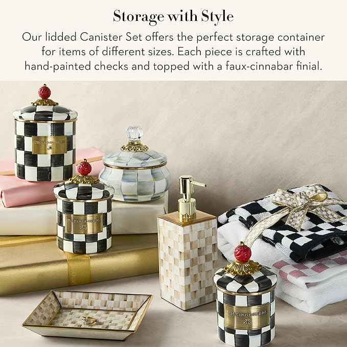 MACKENZIE-CHILDS Enamel Canister Set, Mini (14 oz.), Demi (24 oz.), and Small (38 oz.) Kitchen Containers, Black-and-White Courtly Check