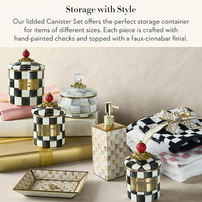 MACKENZIE-CHILDS Enamel Canister Set, Mini (14 oz.), Demi (24 oz.), and Small (38 oz.) Kitchen Containers, Black-and-White Courtly Check