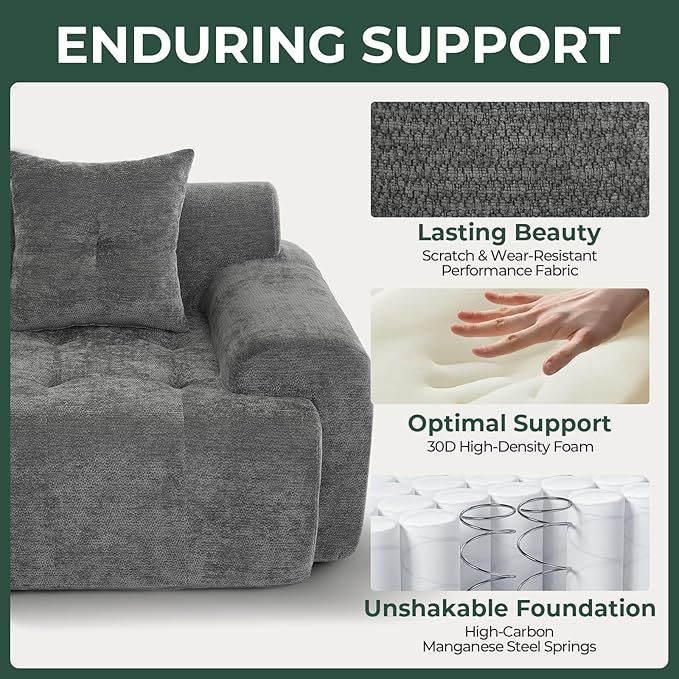 129.23”Modular Sectional Couch for Living Room, Modren L-Shape Cloud Sectional 4-Seater Sofa with Movable Ottoman, Woven Texture Upholstery Boneless Couch, No Assembly, Grey