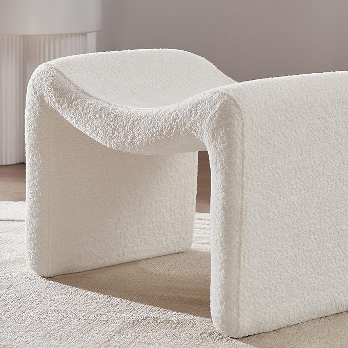 Modern Boucle Ottoman, Vanity Stool Chair, Foot Stool with Wooden Legs Sofa Bench Footstool Extra Seat for Vanity, Makeup Room, Living Room, Entryway, Set 2, White