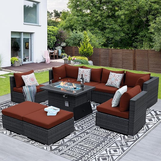 NICESOUL 9 Piece Extra Large Outdoor Patio Furniture Set with Firepit Table Natural Gas/Propane, 29.3'' High Back Gray Wicker Sectional Sofa, Deep Sitting Conversation,2 Color Cushion Burgundy & Gray