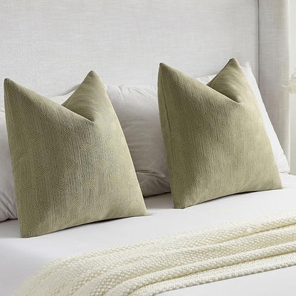 FUTEI Moss Green Chenille Decorative Throw Pillow Covers 24x24 Inch Set of 2,Soft Cozy Striped Geometric Patterns European Cushion Case,Modern Home Decor for Couch Bed Living Room