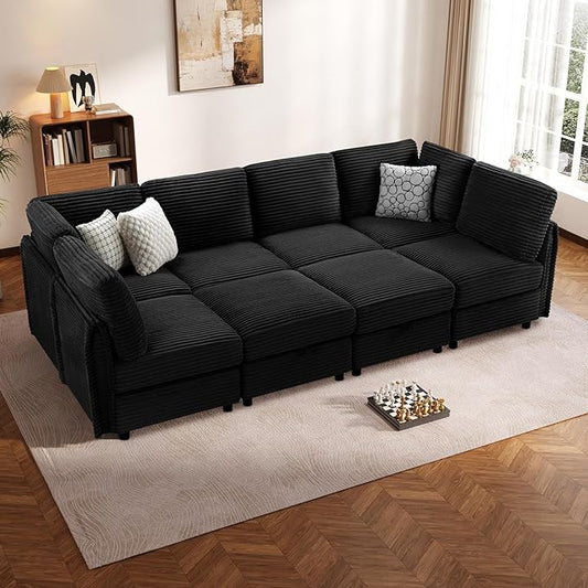 KKL Modular Sectional Sofa Bed with Storage Ottoman, Convertible L/U/J-Shaped Sleeper Couch Plush Wide-Wale Corduroy for Living Room, Apartment, Modern Design, Black