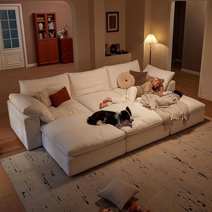 Modular Cloud Sofa, 141.7" Cloud Sectional Couches with Deep Seat, 4-Seat Couch with Ottoman for Living Room, Modern Comfy Couch with Washable Cover, Wide Armrest (White,4 Ottomans)