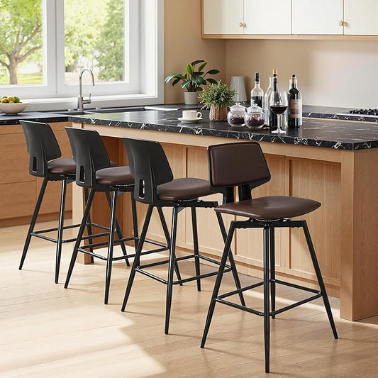 VECELO Swivel Leather Bar Stools Set of 4, Counter Height Barstools with Back, Metal Legs, 35.2-Inch Tall Barstools for Kitchen Island, Home Bar, Cafe, Brown