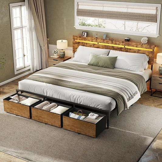 Forestell King Size Bed Frame with Wood Headboard, Metal Platform Bed with 3 Storage Drawers & Shelf, Built-in Charging Station & LED Lights, No Box Spring Needed, Vintage Brown, Camas King