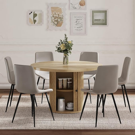 Round Dining Table Set for 6 with Two Storage, 47" Round Dining Table with 6 PU Leather Chairs, 7 Piece Kitchen Table Chairs Set of 6 with 1.7” Thick Wood Top, Roman Column Pedestal, Space-Saving