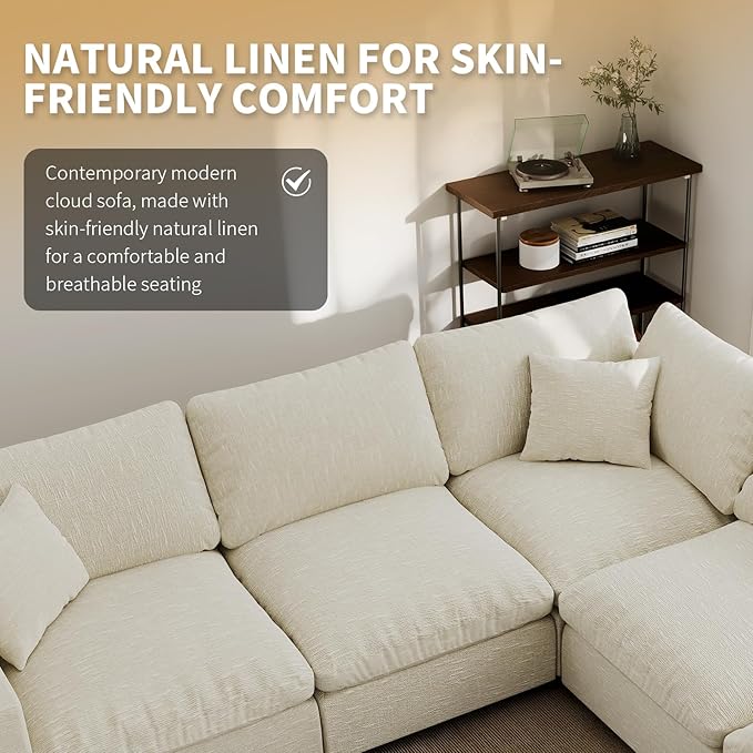 Modern Sectional Linen Couch for Living Room V-Shape Sofas,7 Seat Modular Cloud Sofas,Couches Cushion Covers Removable,Cozy Feather Down Sofa for Apartment Beige