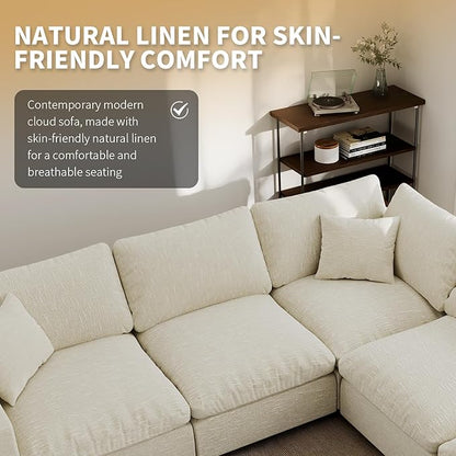 Modern Sectional Linen Cloud Couch for Living Room Armless Modular Filled-Down Sofas,Detachable Couch Cushion Covers,Cozy Feather Down Sofa for Apartment Beige